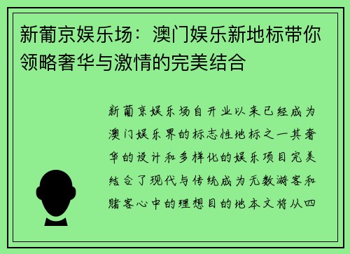 新葡京娱乐场：澳门娱乐新地标带你领略奢华与激情的完美结合